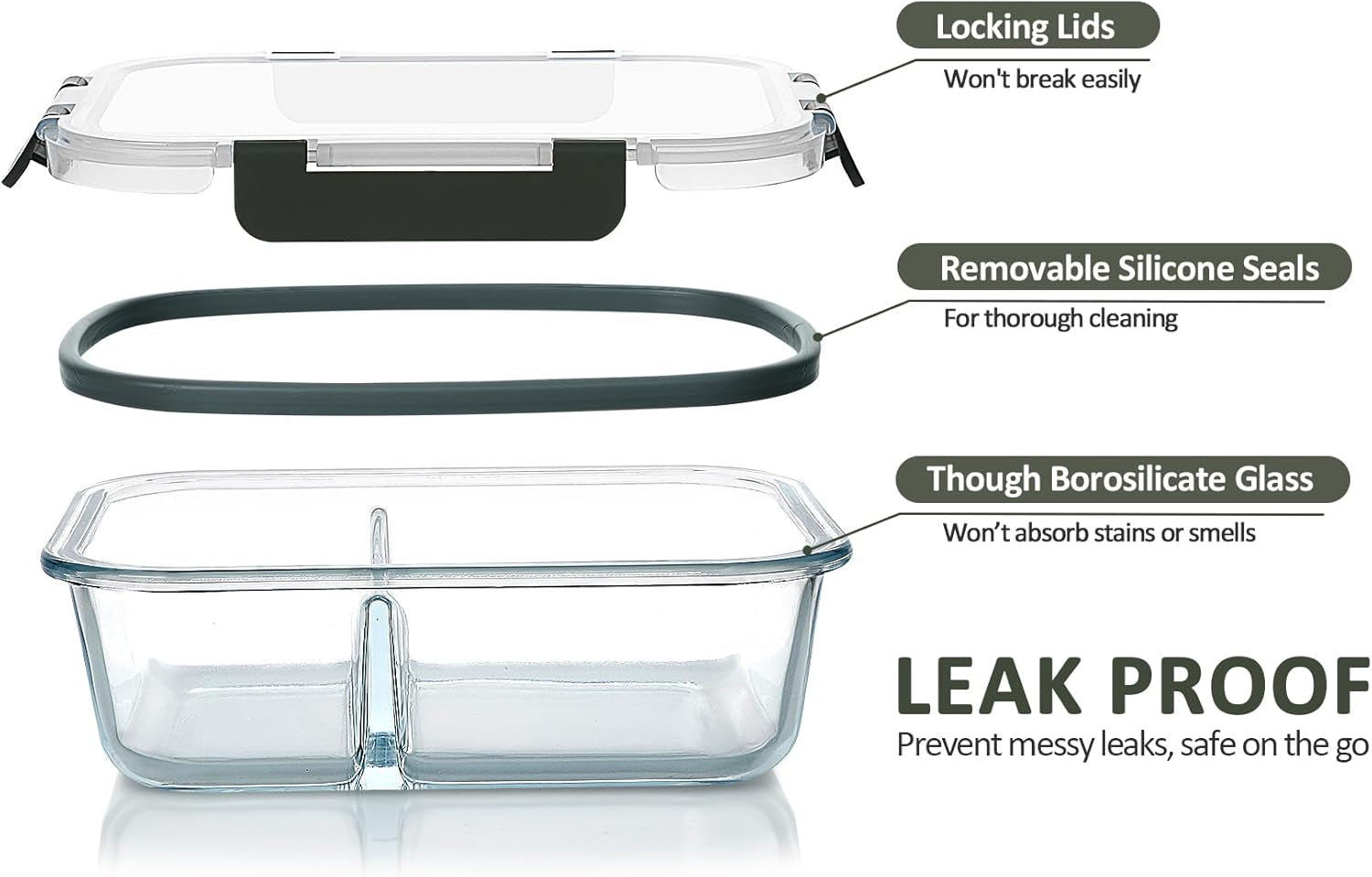 [5-Pack,36 Oz] Glass Meal Prep Containers 2 Compartments Portion Control with Upgraded Snap Locking Lids Glass Food Storage Containers, Microwave, Oven, Freezer and Dishwasher (4.5 Cups)
