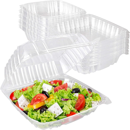 Plastic 8 X 8 Inch Clamshell Takeout Tray (25 Count) - Dessert Containers - Plastic Hinged Food Containers for Salads, Pasta, Sandwiches