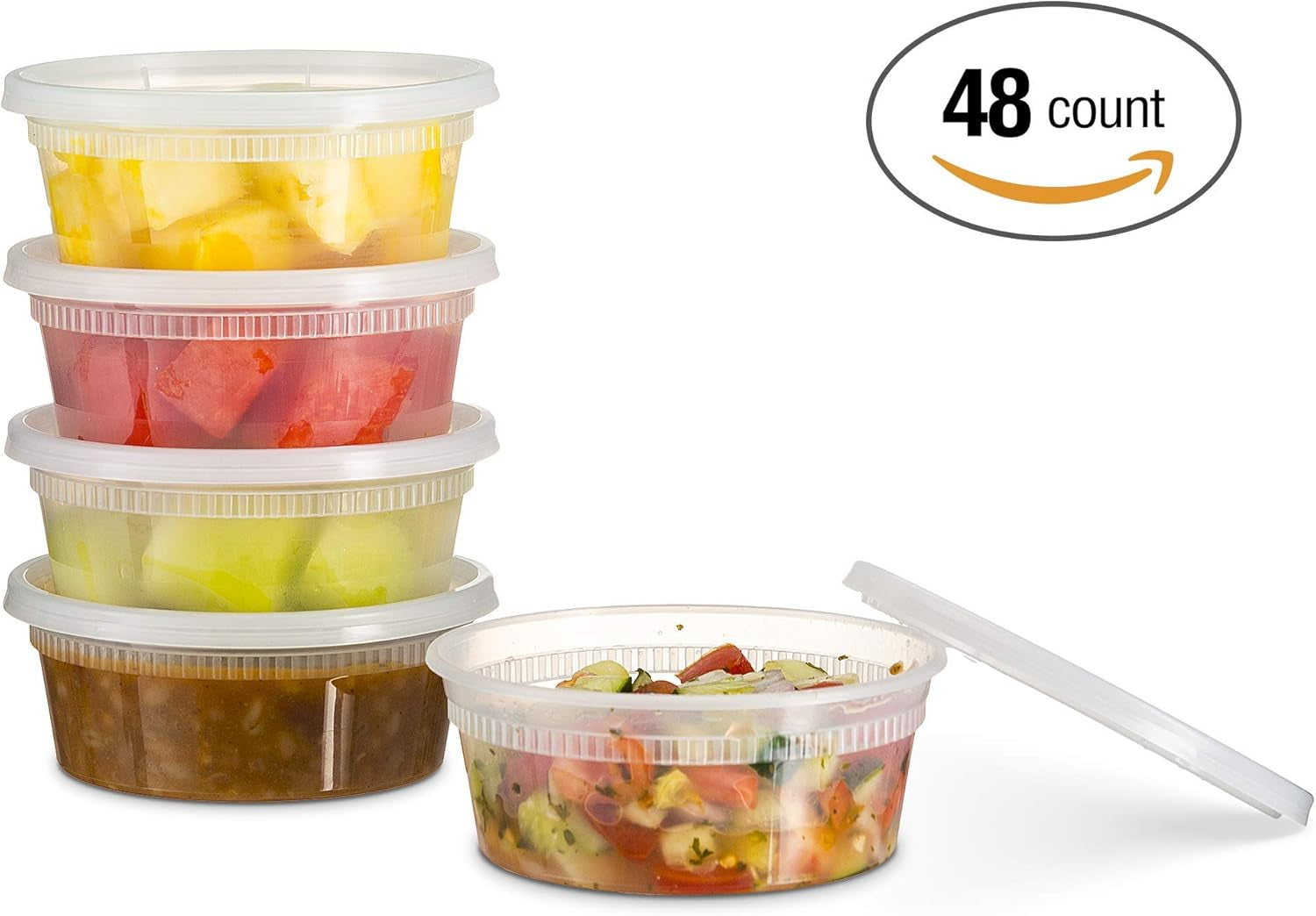 [48 Count 8 Oz Combo] Disposable Plastic Deli Food Storage Containers with Plastic Lids, Leakproof, Great for Meal Prep, Picnic, Take Out, Traveling, Fruits, Snack, or Liquids