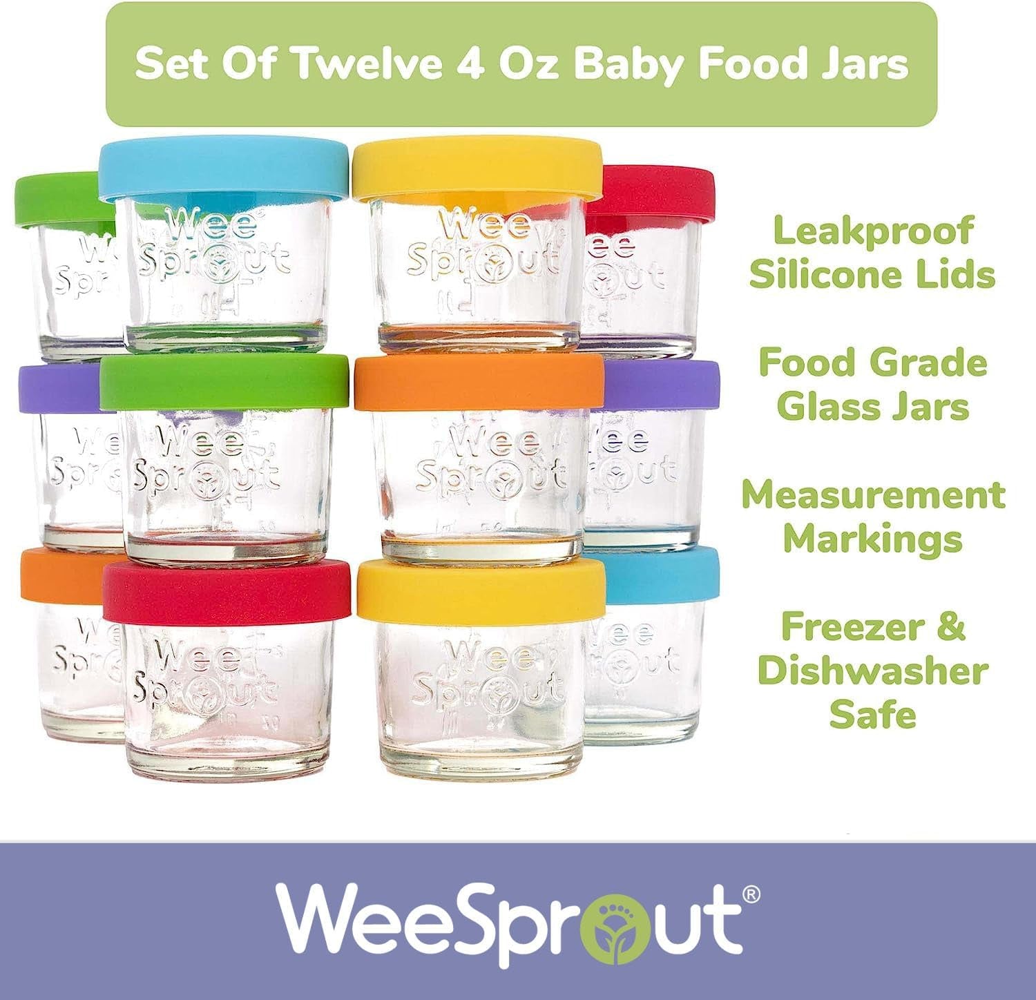 Glass Baby Food Storage Jars W/Lids (4 Oz, 12 Pack Set) Snack, Puree, Reusable Small Containers, Breast Milk, Fridge or Freezer, Microwave & Dishwasher Safe, Essential Must Have for Infants