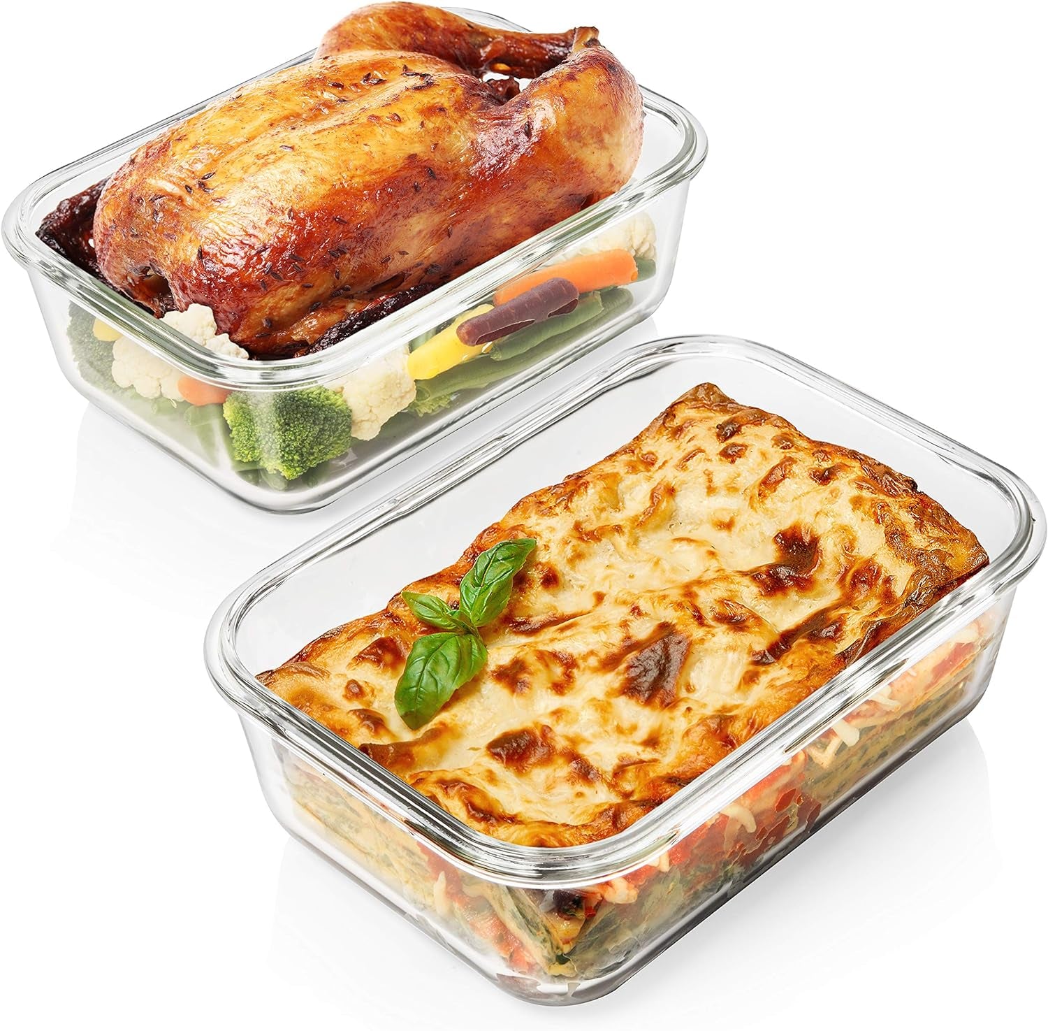 8 Cups/ 63 Oz 4 Piece (2 Containers + 2 Lids) Large Glass Food Storage/ Baking Containers with Locking Lids . Ideal for Storing Food, Vegetables or Fruits. BPA Free & Leak Proof -Microwave, Oven Safe