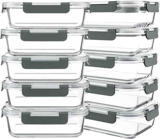 10 Packs 30 Oz Glass Meal Prep Containers,Glass Food Storage Containers with Lids,Airtight Glass Lunch Bento Boxes,Microwave,Freezer and Dishwasher,Gray