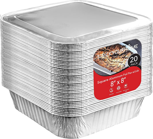 8X8 Foil Pans with Lids (20 Pack) 8 Inch Square Aluminum Pans with Covers -Disposable Food Containers Great for Baking Cake, Cooking, Heating, Storing, Prepping Food