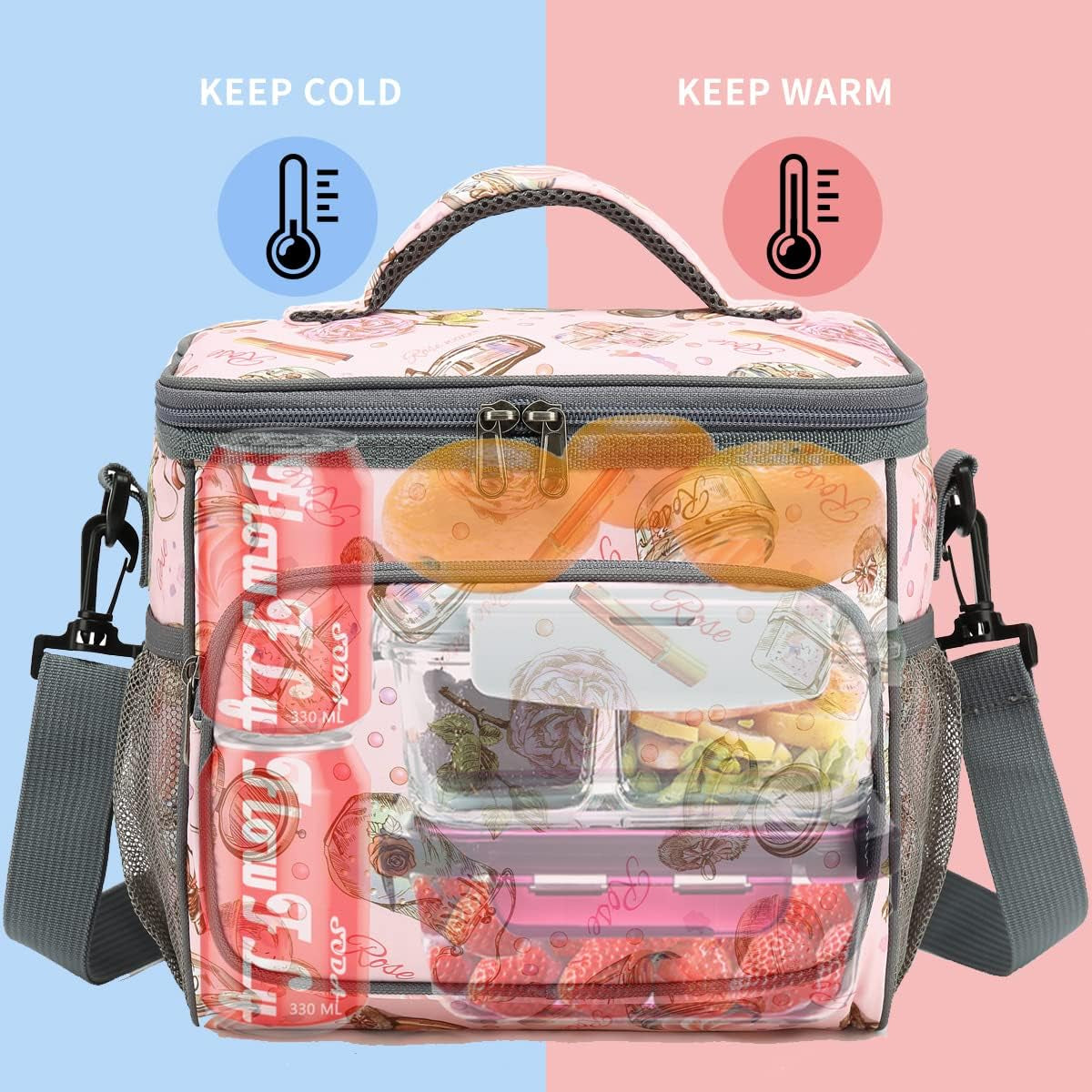 Insulated Reusable Lunch Bag Adult Large Lunch Box for Women and Men with Adjustable Shoulder Strap,Front Zipper Pocket and Dual Large Mesh Side Pockets,Rose