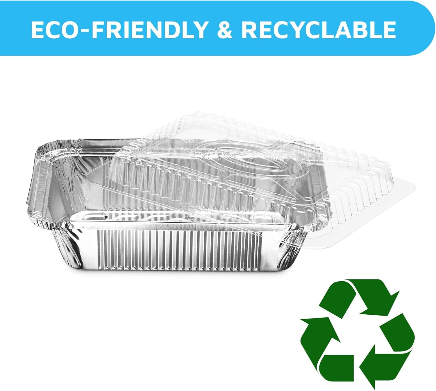 Disposable Takeout Pans with Clear Lids | 2Lb Capacity Aluminum Foil Food Containers with Strong Seal for Freshness & Spill Resistance | Eco-Friendly & Recyclable | 50-Pack 8X5.5” Drip Pans