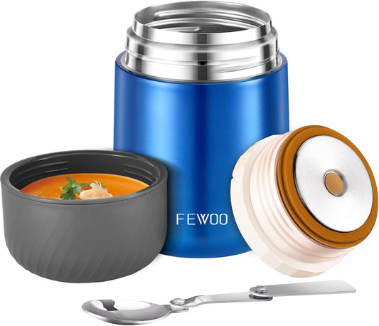 Food Jar - 20Oz Vacuum Insulated Soup Container, Stainless Steel Lunch Box for Kids Adult, with Folding Spoon for Hot or Cold Food (Bright Blue)