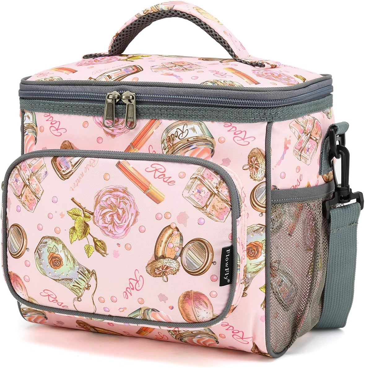 Insulated Reusable Lunch Bag Adult Large Lunch Box for Women and Men with Adjustable Shoulder Strap,Front Zipper Pocket and Dual Large Mesh Side Pockets,Rose