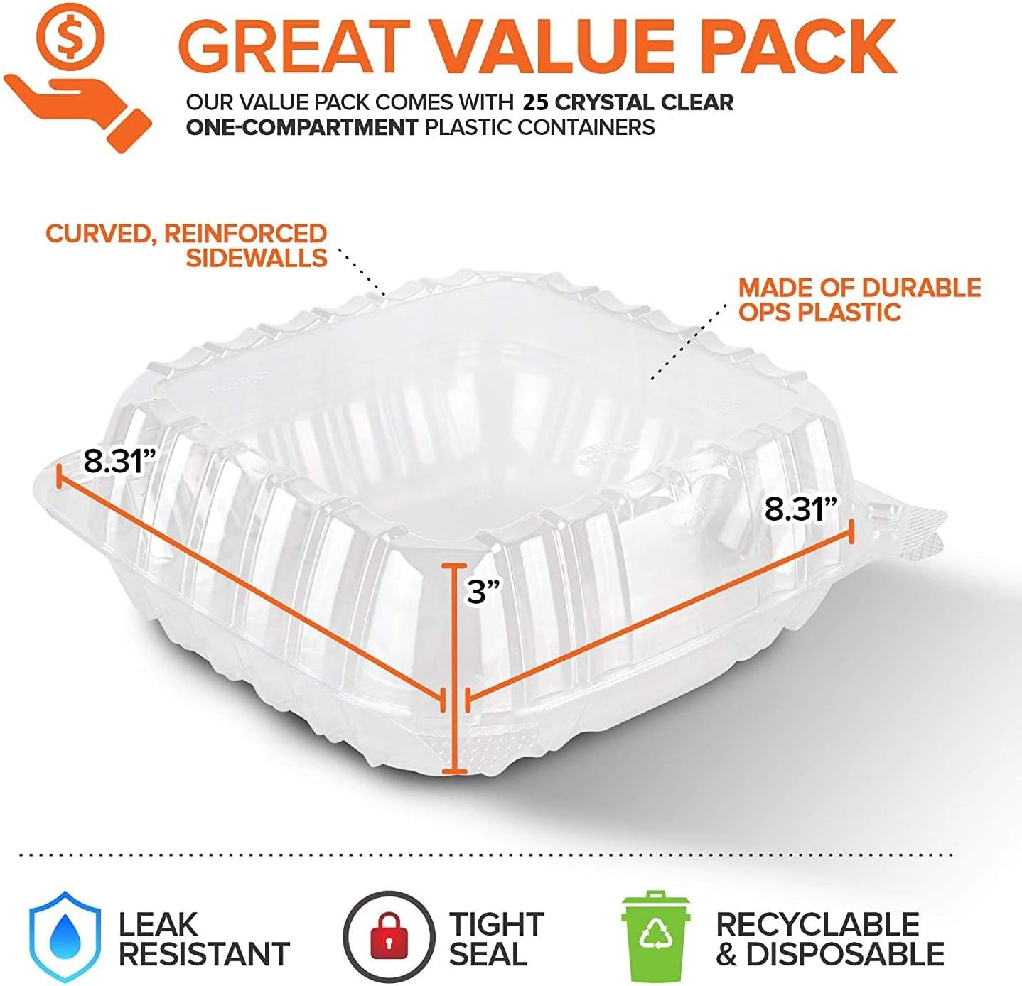 Plastic 8 X 8 Inch Clamshell Takeout Tray (25 Count) - Dessert Containers - Plastic Hinged Food Containers for Salads, Pasta, Sandwiches