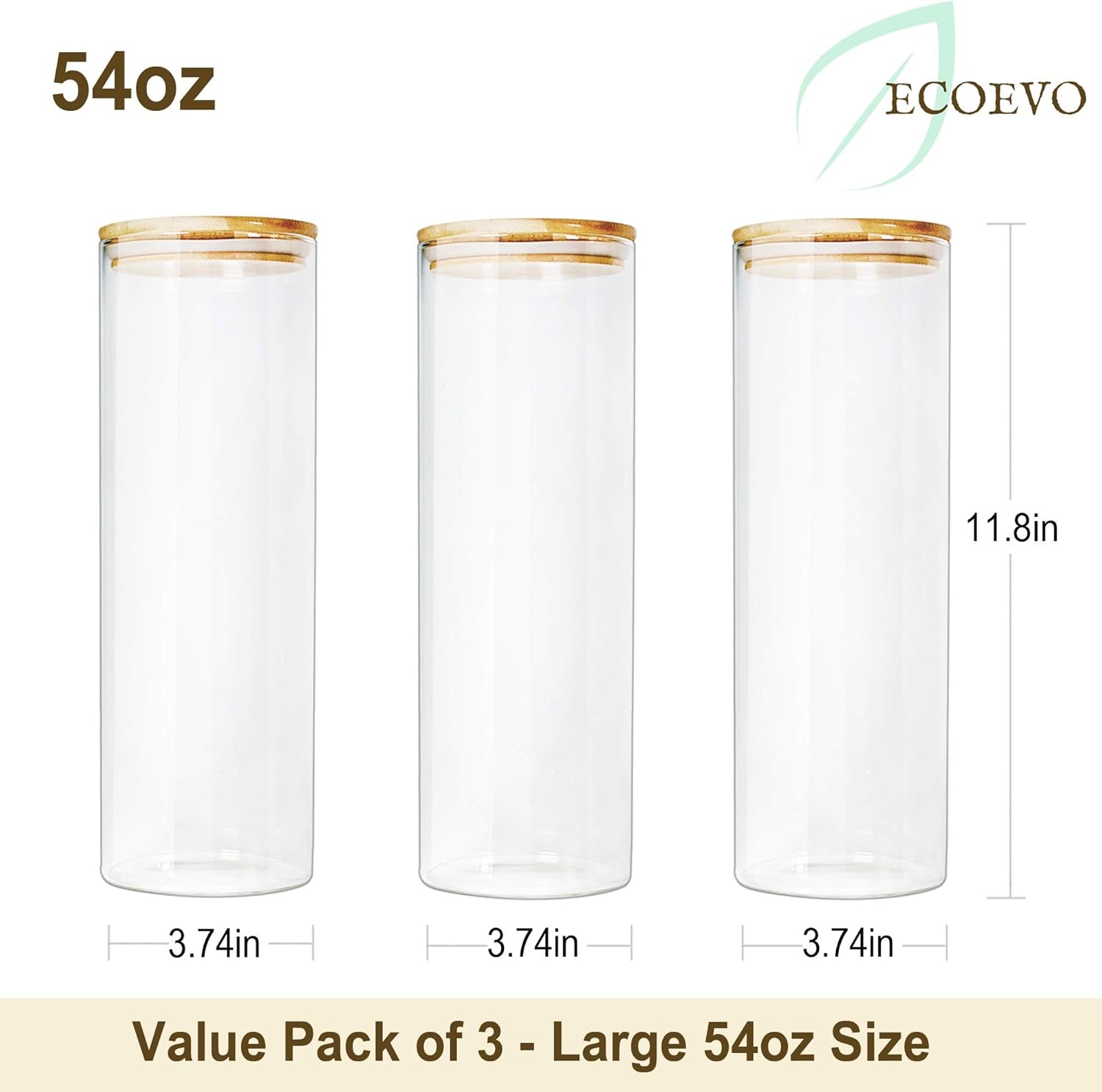 Glass Jars with Bamboo Lids (52Oz in 3 Pack), Food Storage Canisters Sets, Kitchen Pantry Jars with Airtight Lids, Large Glass Canisters with Lids