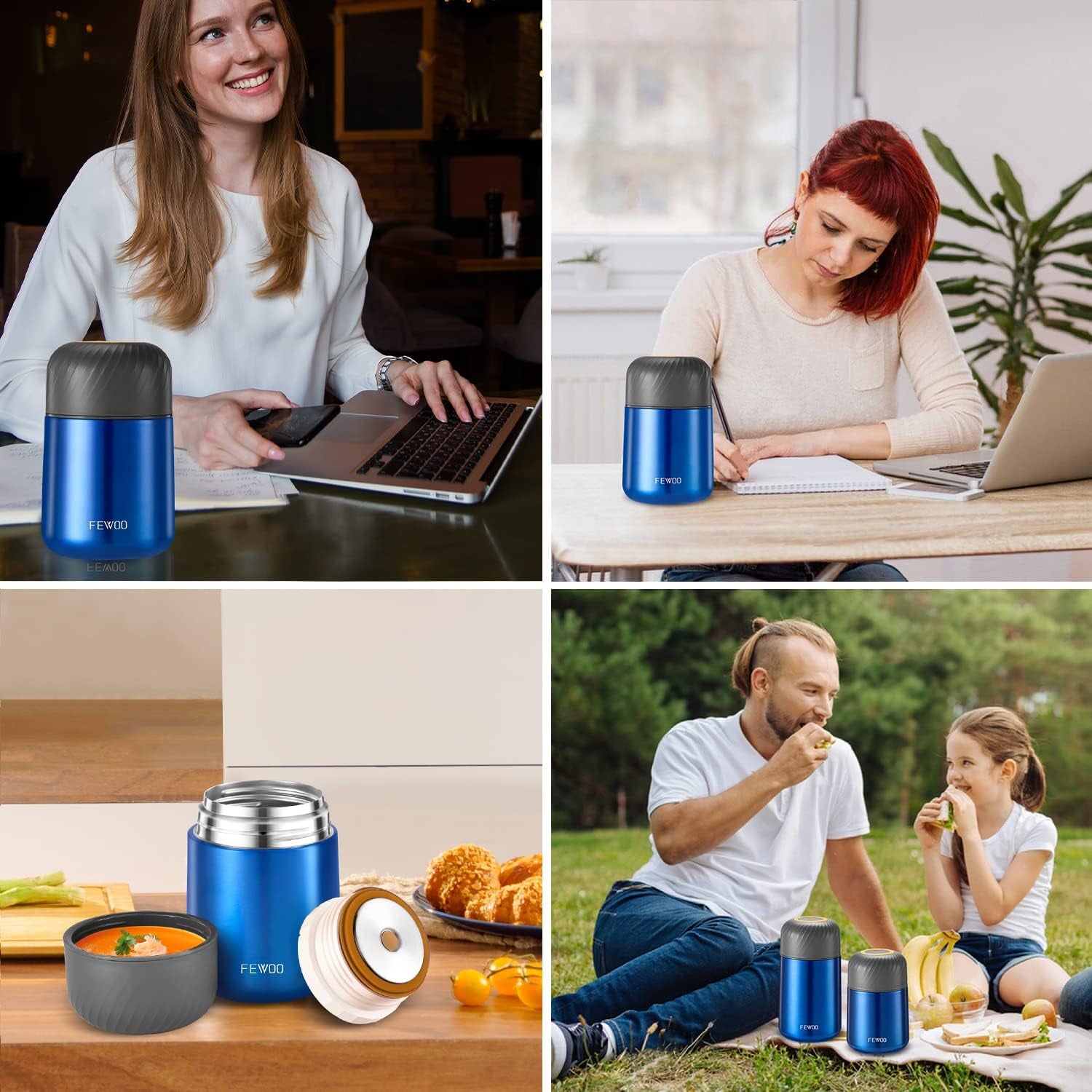 Food Jar - 20Oz Vacuum Insulated Soup Container, Stainless Steel Lunch Box for Kids Adult, with Folding Spoon for Hot or Cold Food (Bright Blue)