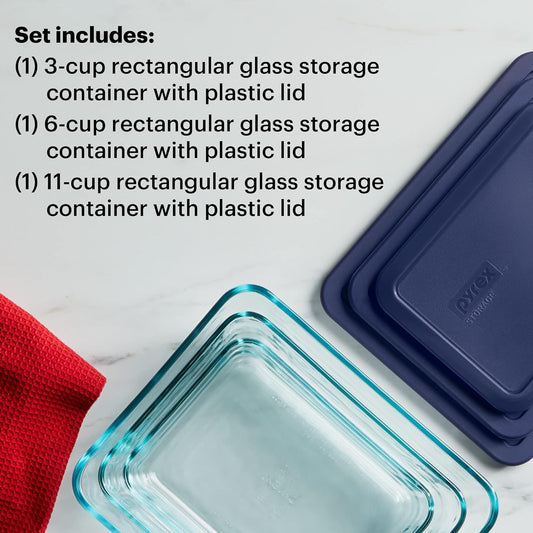 Simply Store (3-Pack) Rectangular Glass Food Storage Containers Set, (3, 6 & 11 Cup) Meal Prep Containers with Bpa-Free Lids, Dishwasher & Microwave Safe