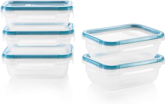 Total Solution 5-Pack (3-Cup) Plastic Food Storage Containers Set, Leakproof & Airtight Locking Lids Rectangular Tupperware, Non-Toxic Bpa-Free Lids, Microwave Dishwasher Freezer Safe